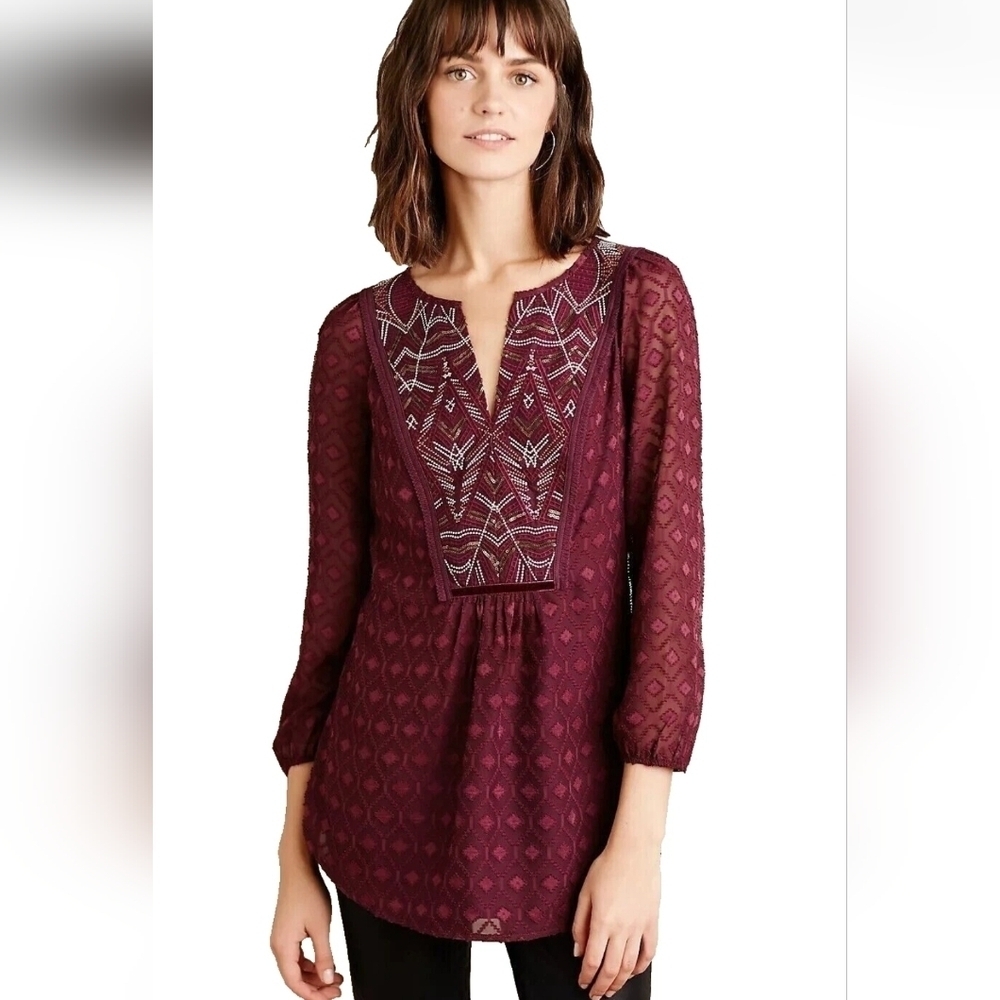 Anthropologie One September Beaded Embroidered Yoke Mixed Media Peasant Blouse